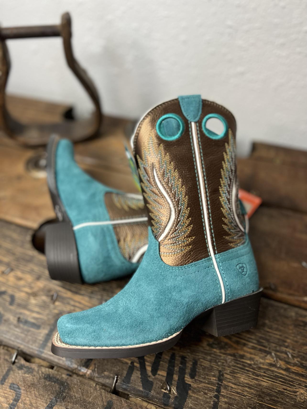 Kids Ariat Futurity Fort Worth Boot in Teal Suede-Kids Boots-Ariat-Lucky J Boots & More, Women's, Men's, & Kids Western Store Located in Carthage, MO