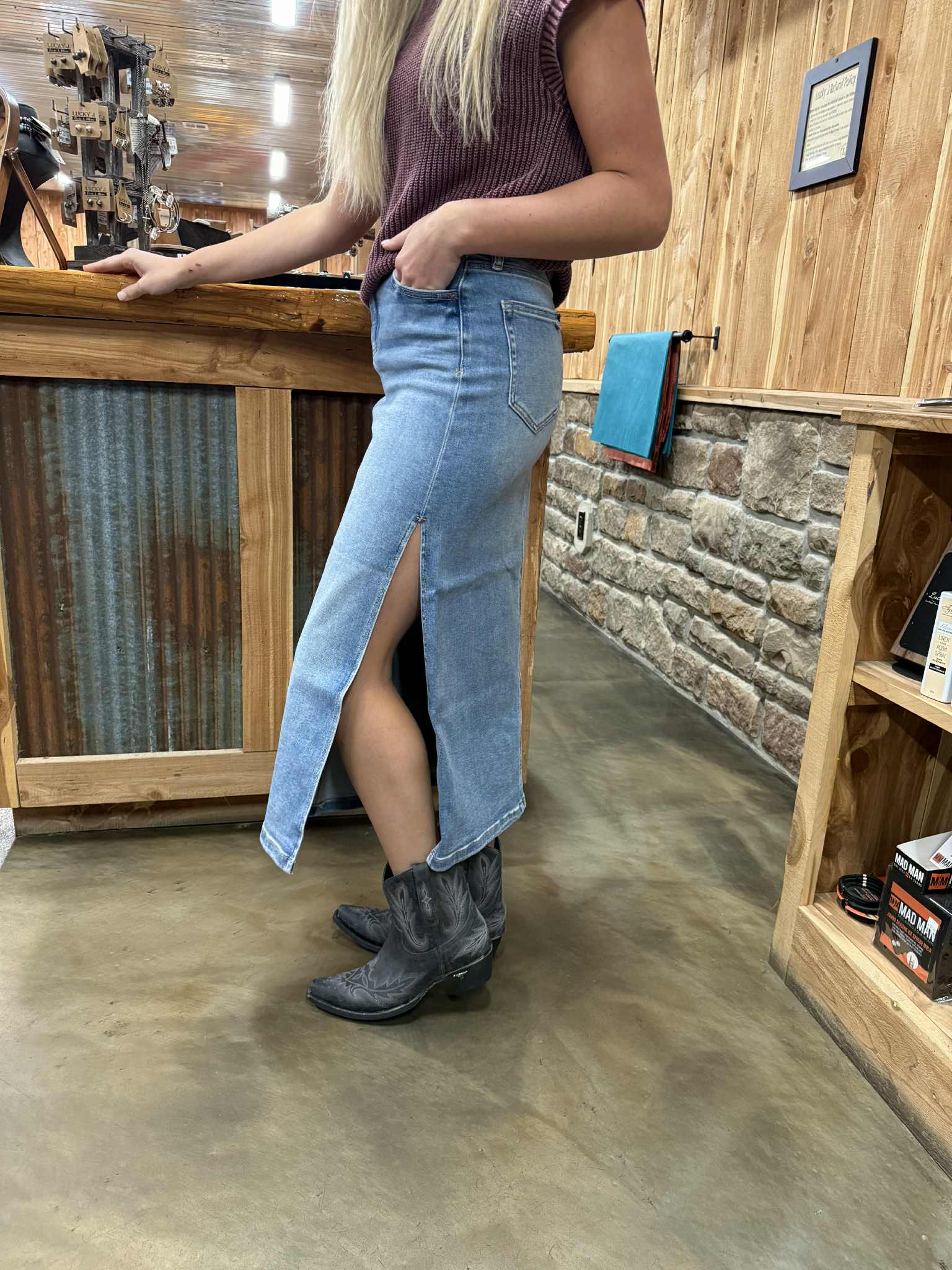 Hidden Holly Denim Midi Skirt