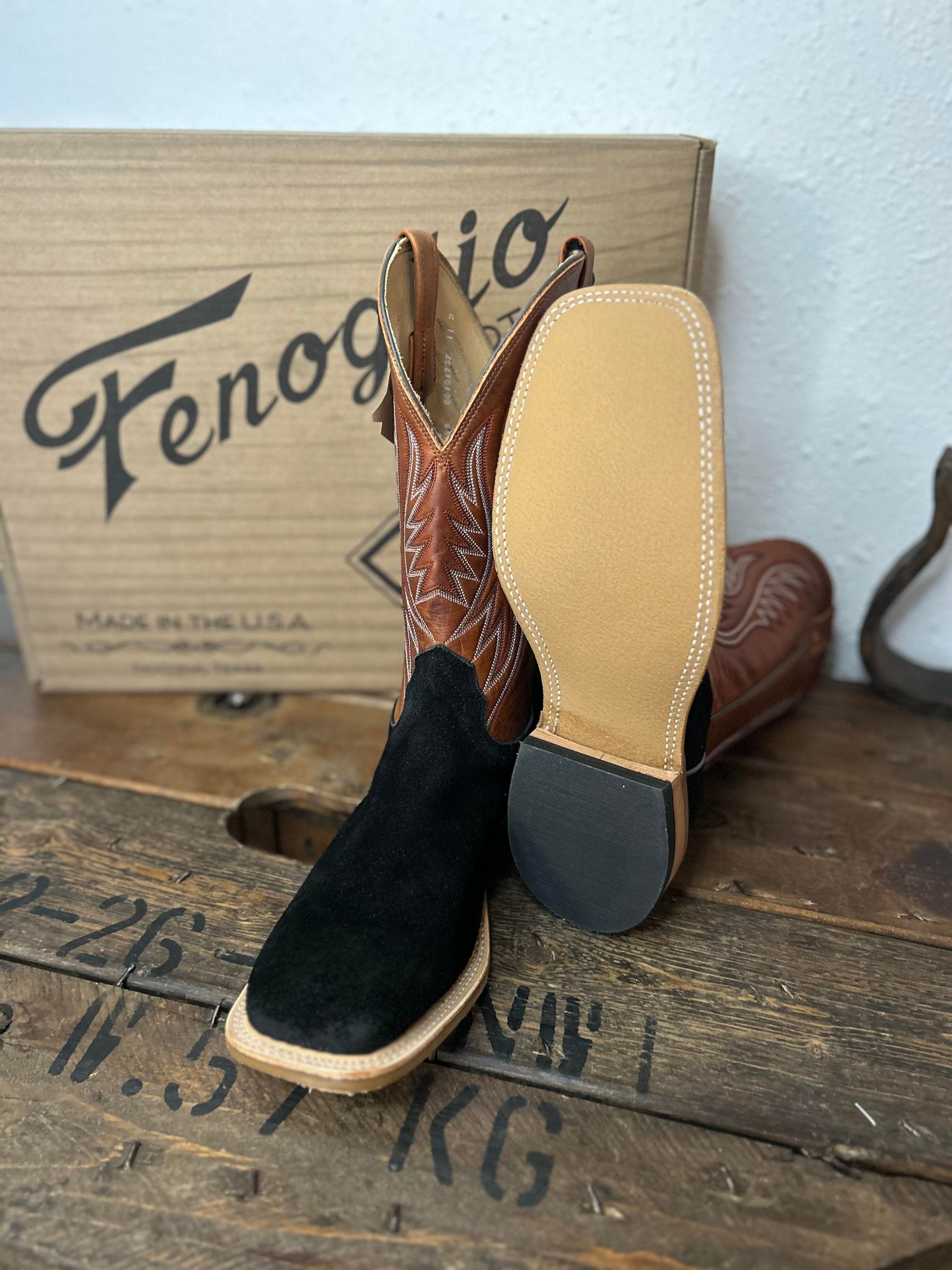 Men's Fenoglio Black Roughout & Cognac Leather Boots-Men's Boots-Fenoglio Boots-Lucky J Boots & More, Women's, Men's, & Kids Western Store Located in Carthage, MO