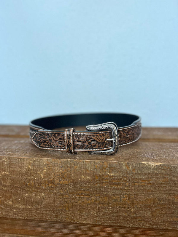Ariat Brown Floral Tooled and Black Belt-Belts-M & F Western Products-Lucky J Boots & More, Women's, Men's, & Kids Western Store Located in Carthage, MO