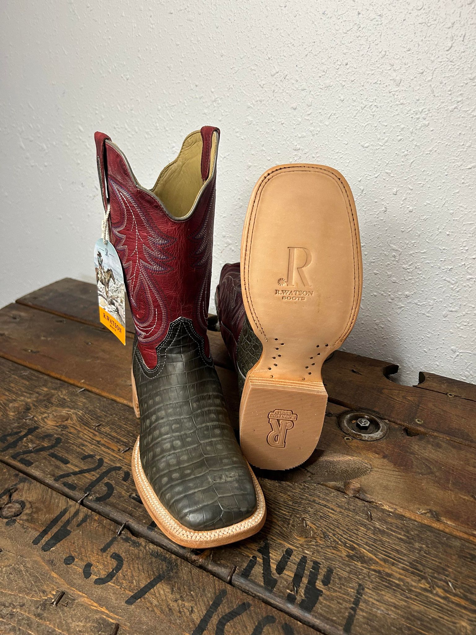 R. Watson Nubuck Charcoal Caiman Belly & Rosa Goat-Men's Boots-R. Watson-Lucky J Boots & More, Women's, Men's, & Kids Western Store Located in Carthage, MO