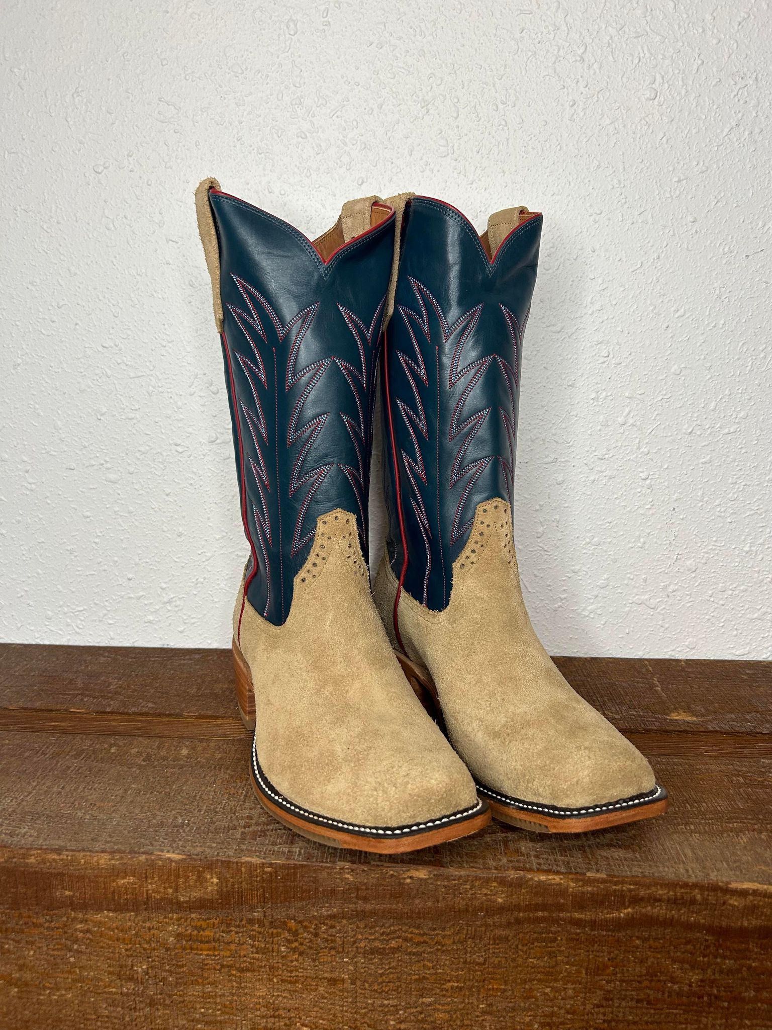 Men's Rios of Mercedes Tan Crazyhorse & Navy Calf Boots-Men's Boots-Rios of Mercedes-Lucky J Boots & More, Women's, Men's, & Kids Western Store Located in Carthage, MO