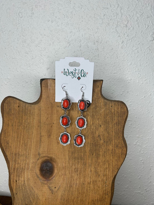 West & Co 3 Teir Coral Earring E840COR-Earrings-WEST & CO-Lucky J Boots & More, Women's, Men's, & Kids Western Store Located in Carthage, MO