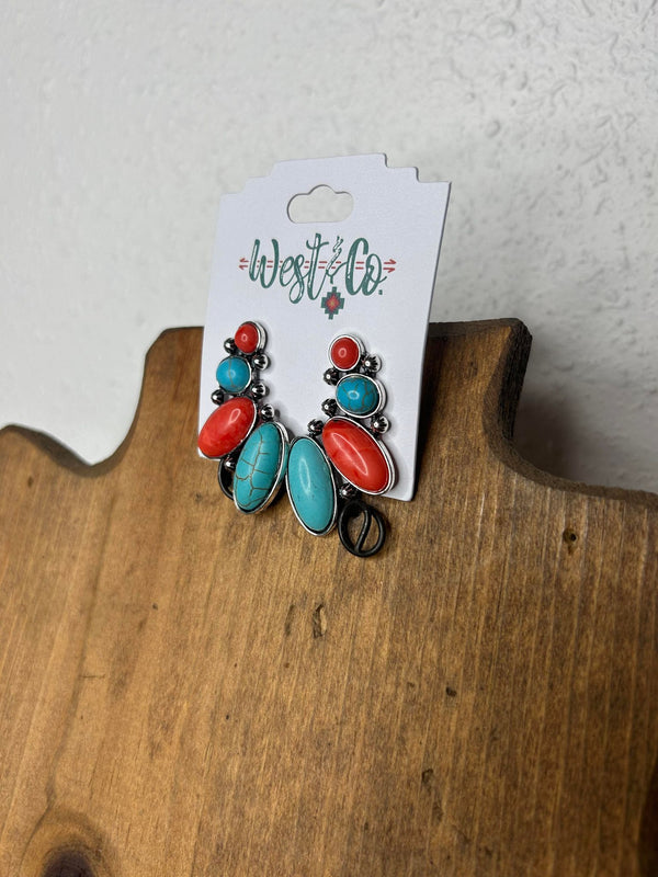 West & Co Turquoise and Coral Descending Post Earrings E843TQCOR-Earrings-WEST & CO-Lucky J Boots & More, Women's, Men's, & Kids Western Store Located in Carthage, MO