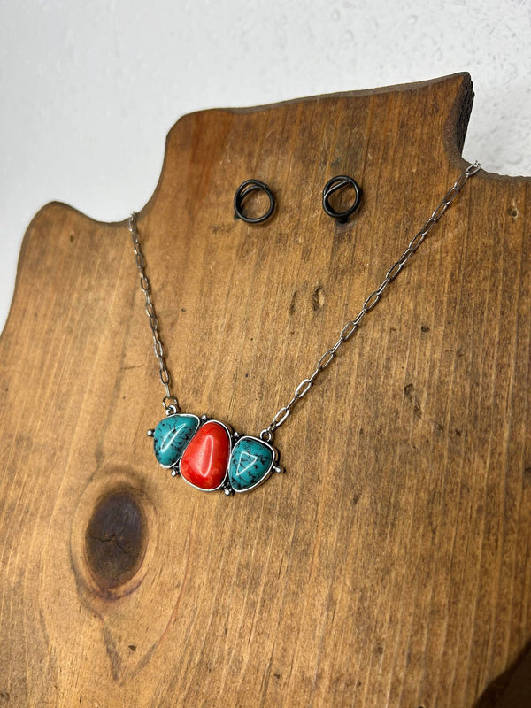West & Co 16" Turquoise and Coral 3 Stone Bar Necklace N1467TQCOR-Necklaces-WEST & CO-Lucky J Boots & More, Women's, Men's, & Kids Western Store Located in Carthage, MO