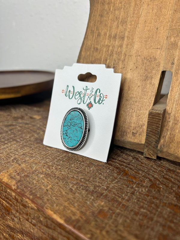West & Co Adjustable Oval Turquoise Stone Ring R288-Rings-WEST & CO-Lucky J Boots & More, Women's, Men's, & Kids Western Store Located in Carthage, MO