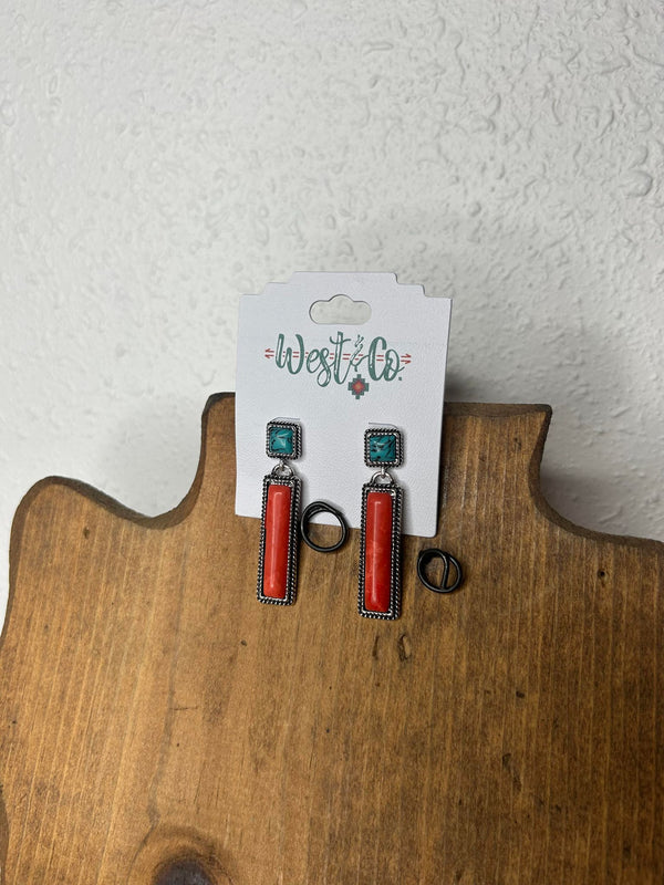 West & Co Coral Bar Earring on Turquoise Post E853-Earrings-WEST & CO-Lucky J Boots & More, Women's, Men's, & Kids Western Store Located in Carthage, MO