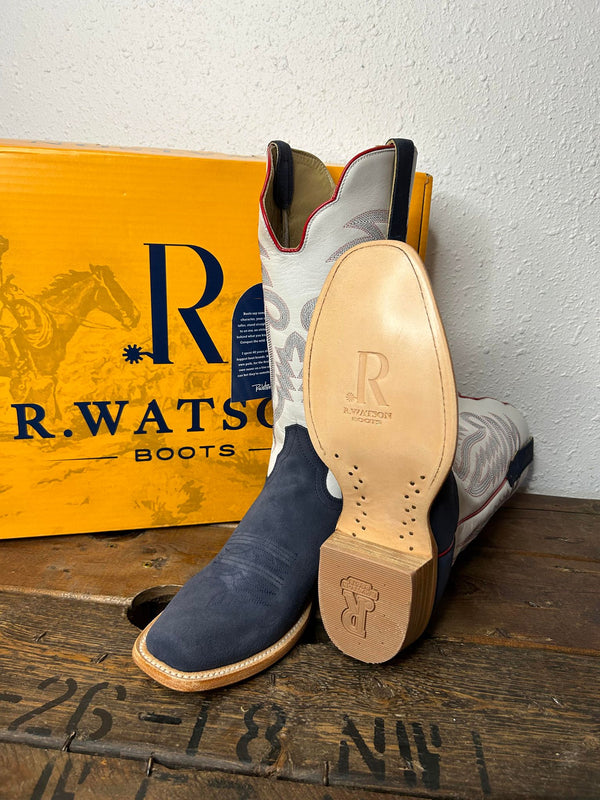 Men's R. Watson Midnight Blue Roughout & Winter White Cowhide Boots-Men's Boots-R. Watson-Lucky J Boots & More, Women's, Men's, & Kids Western Store Located in Carthage, MO