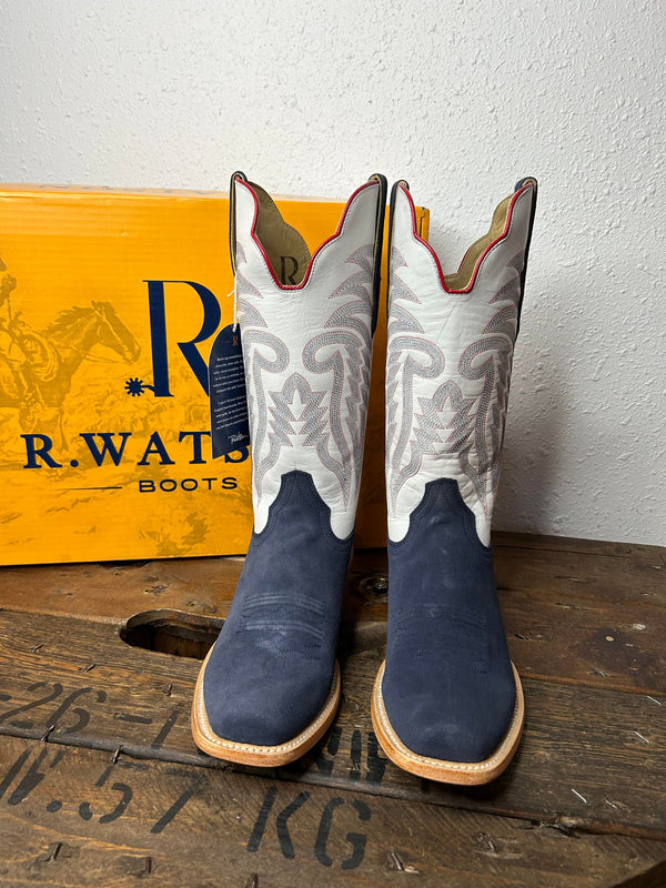 Men's R. Watson Midnight Blue Roughout & Winter White Cowhide Boots-Men's Boots-R. Watson-Lucky J Boots & More, Women's, Men's, & Kids Western Store Located in Carthage, MO