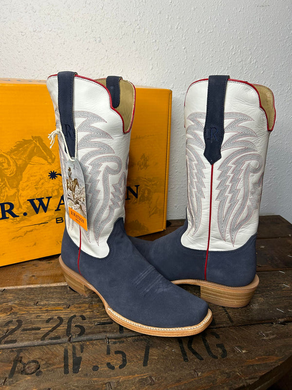 Men's R. Watson Midnight Blue Roughout & Winter White Cowhide Boots-Men's Boots-R. Watson-Lucky J Boots & More, Women's, Men's, & Kids Western Store Located in Carthage, MO