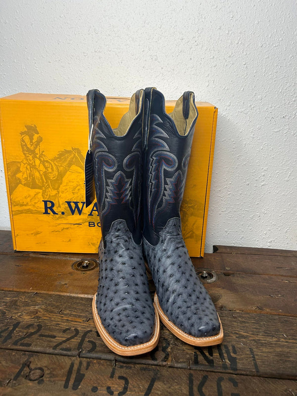 Men's R. Watson Denim Bruciato FQ Ostrich Navy Blue Goat Boots-Men's Boots-R. Watson-Lucky J Boots & More, Women's, Men's, & Kids Western Store Located in Carthage, MO