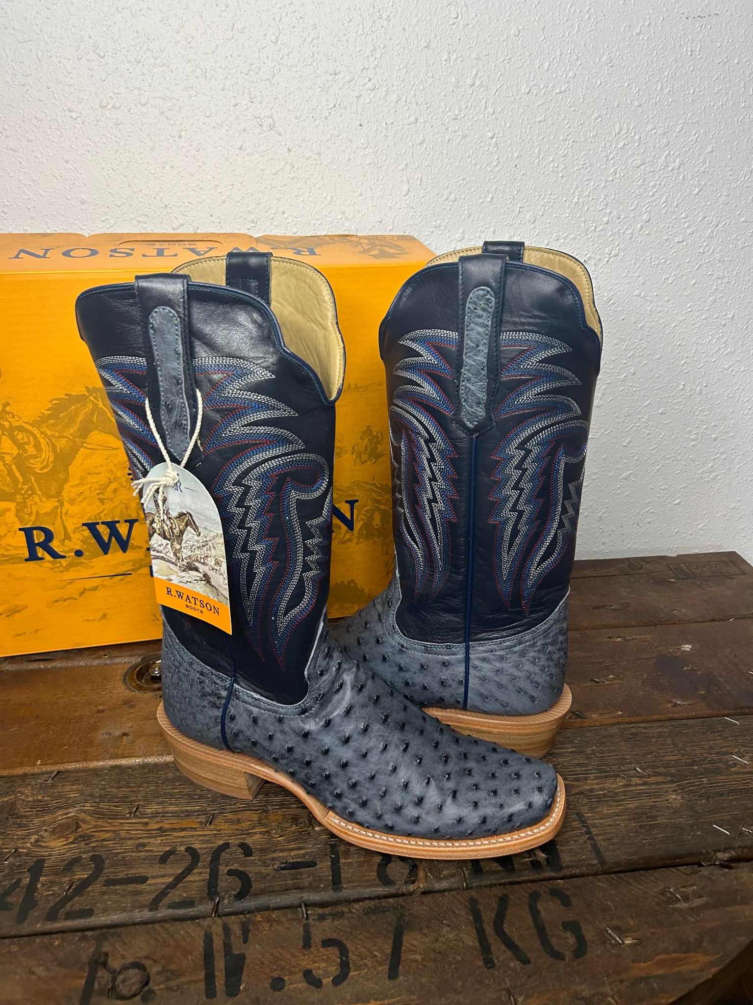 Men's R. Watson Denim Bruciato FQ Ostrich Navy Blue Goat Boots-Men's Boots-R. Watson-Lucky J Boots & More, Women's, Men's, & Kids Western Store Located in Carthage, MO