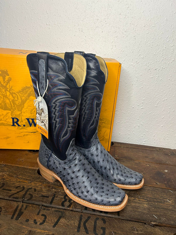 Men's R. Watson Denim Bruciato FQ Ostrich Navy Blue Goat Boots-Men's Boots-R. Watson-Lucky J Boots & More, Women's, Men's, & Kids Western Store Located in Carthage, MO