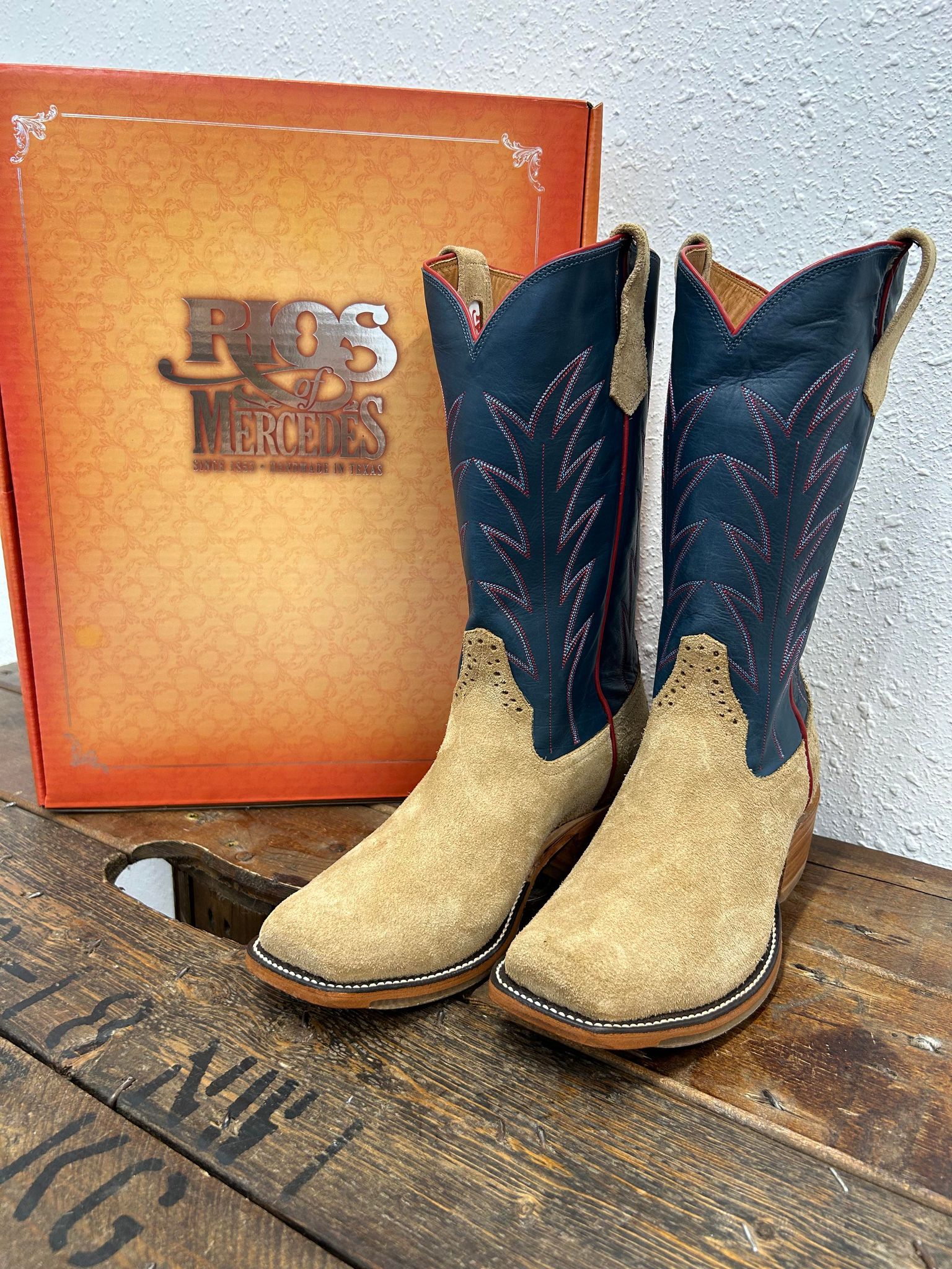 Men's Rios of Mercedes Tan Crazyhorse & Navy Calf Boots-Men's Boots-Rios of Mercedes-Lucky J Boots & More, Women's, Men's, & Kids Western Store Located in Carthage, MO