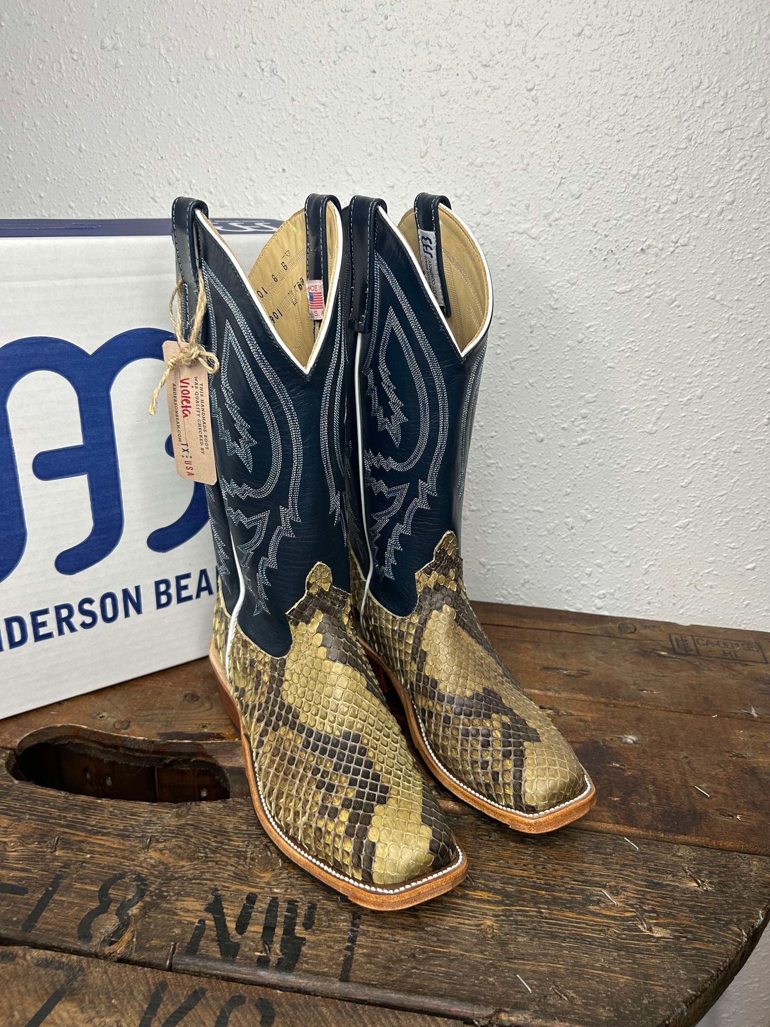 Women's Anderson Bean Natural Matte Giant Python & Regal Blue Kidskin-Women's Boots-Anderson Bean-Lucky J Boots & More, Women's, Men's, & Kids Western Store Located in Carthage, MO