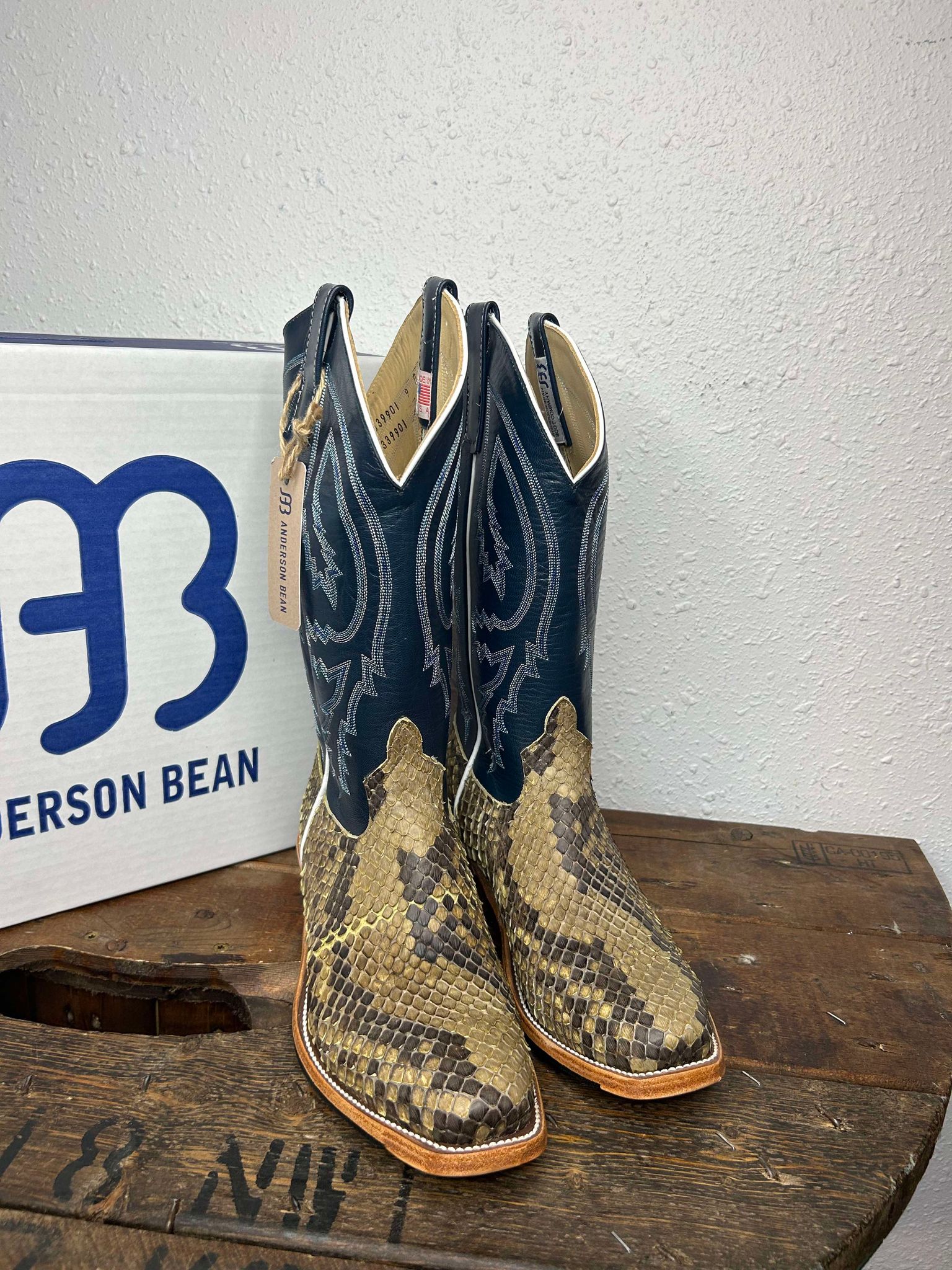 Men's Anderson Bean Natural Matte Giant Python & Regal Blue Kidskin-Men's Boots-Anderson Bean-Lucky J Boots & More, Women's, Men's, & Kids Western Store Located in Carthage, MO