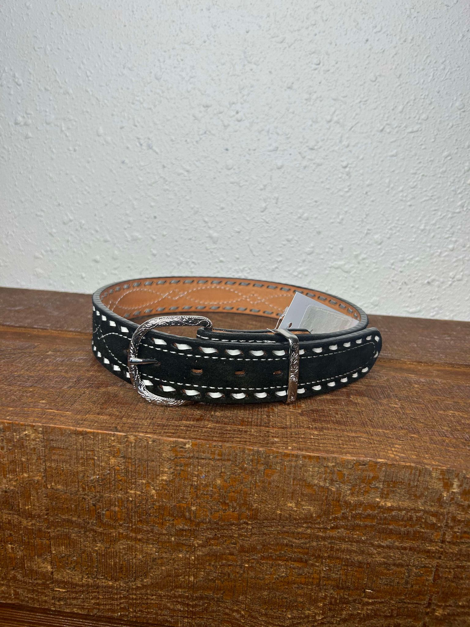 Double J Black Suede & Buck Stitch Belt-Belts-DOUBLE J SADDLERY-Lucky J Boots & More, Women's, Men's, & Kids Western Store Located in Carthage, MO