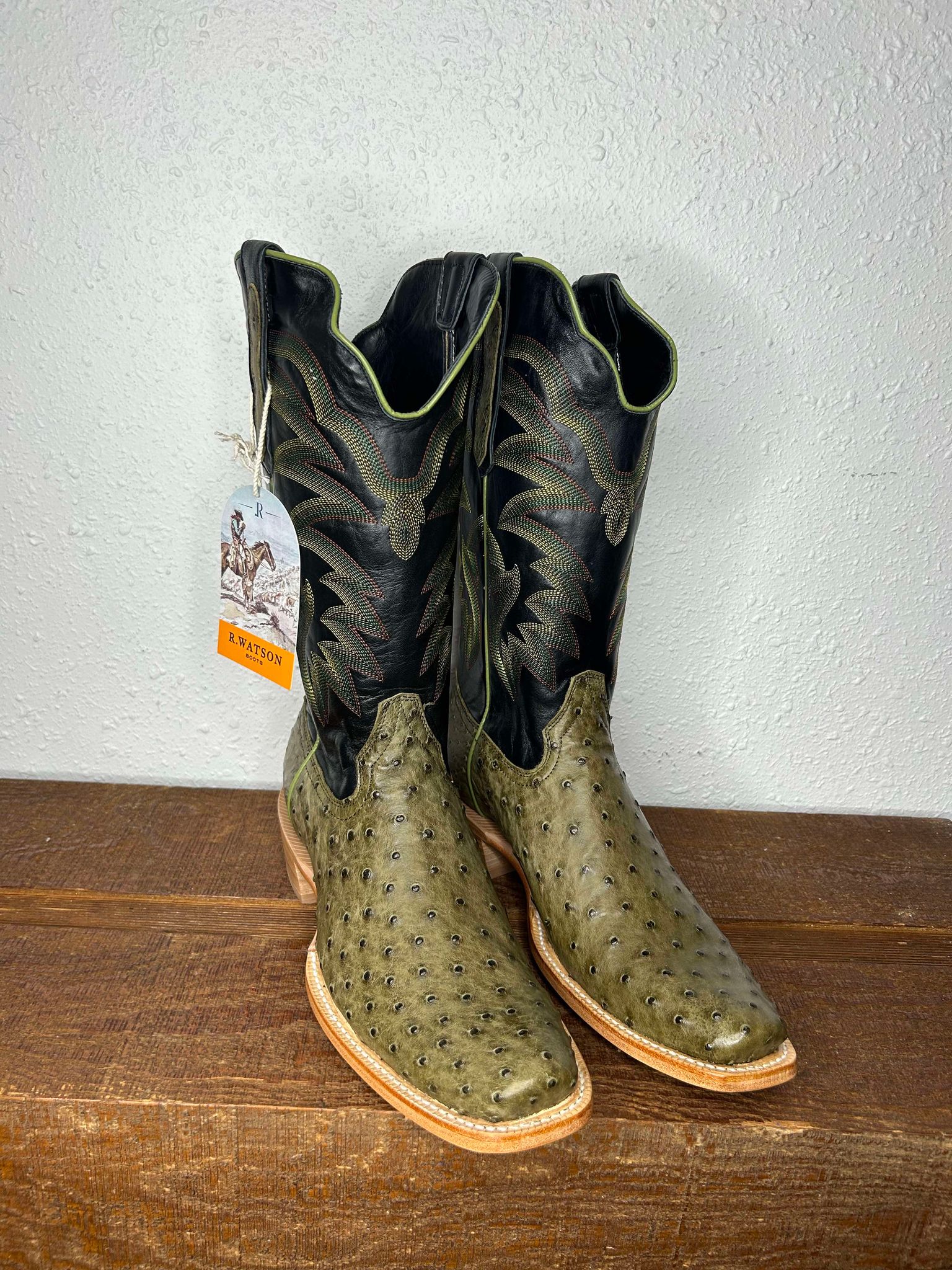 Men's R Watson Forrest Green FQ Ostrich & Black Raven Cowhide Boots-Men's Boots-R. Watson-Lucky J Boots & More, Women's, Men's, & Kids Western Store Located in Carthage, MO