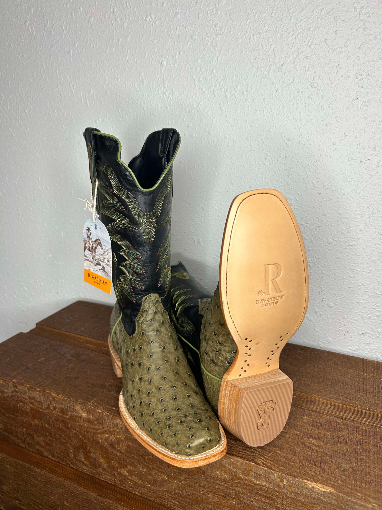 Men's R Watson Forrest Green FQ Ostrich & Black Raven Cowhide Boots-Men's Boots-R. Watson-Lucky J Boots & More, Women's, Men's, & Kids Western Store Located in Carthage, MO