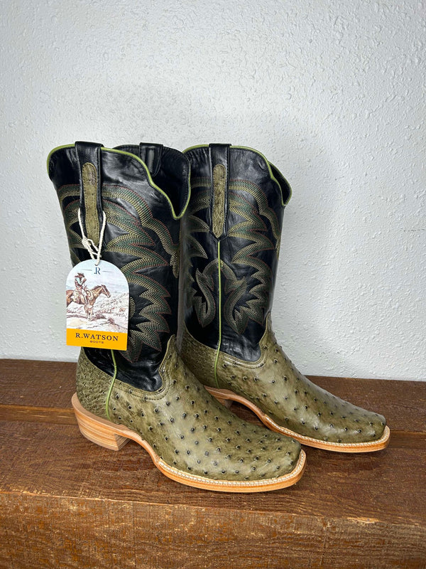 Men's R Watson Forrest Green FQ Ostrich & Black Raven Cowhide Boots-Men's Boots-R. Watson-Lucky J Boots & More, Women's, Men's, & Kids Western Store Located in Carthage, MO