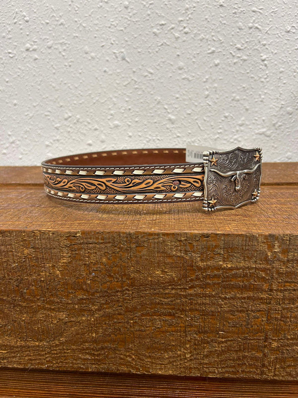 Kids 3D Belt Co. Tooled & White Buck Stitch Belt-Kids Belts-M & F Western Products-Lucky J Boots & More, Women's, Men's, & Kids Western Store Located in Carthage, MO