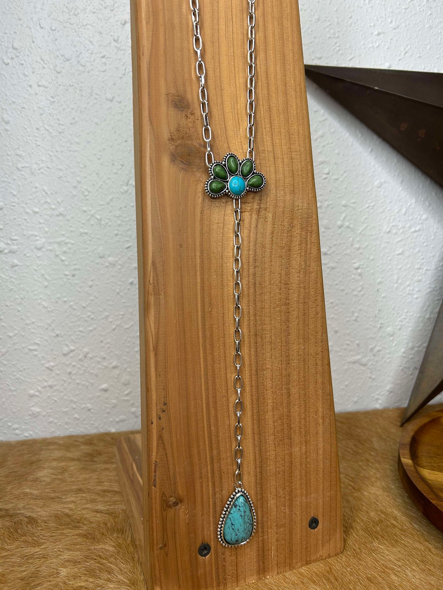 N1498GRN Lariat Necklace-Necklaces-WEST & CO-Lucky J Boots & More, Women's, Men's, & Kids Western Store Located in Carthage, MO