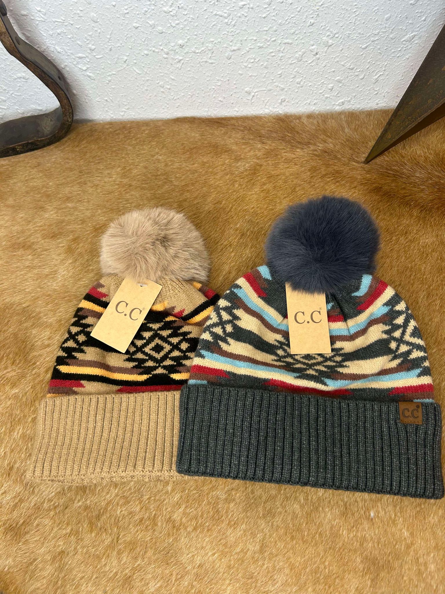 C.C Aztec Pom Beanie-Beanie/Gloves-C.C Beanies-Lucky J Boots & More, Women's, Men's, & Kids Western Store Located in Carthage, MO