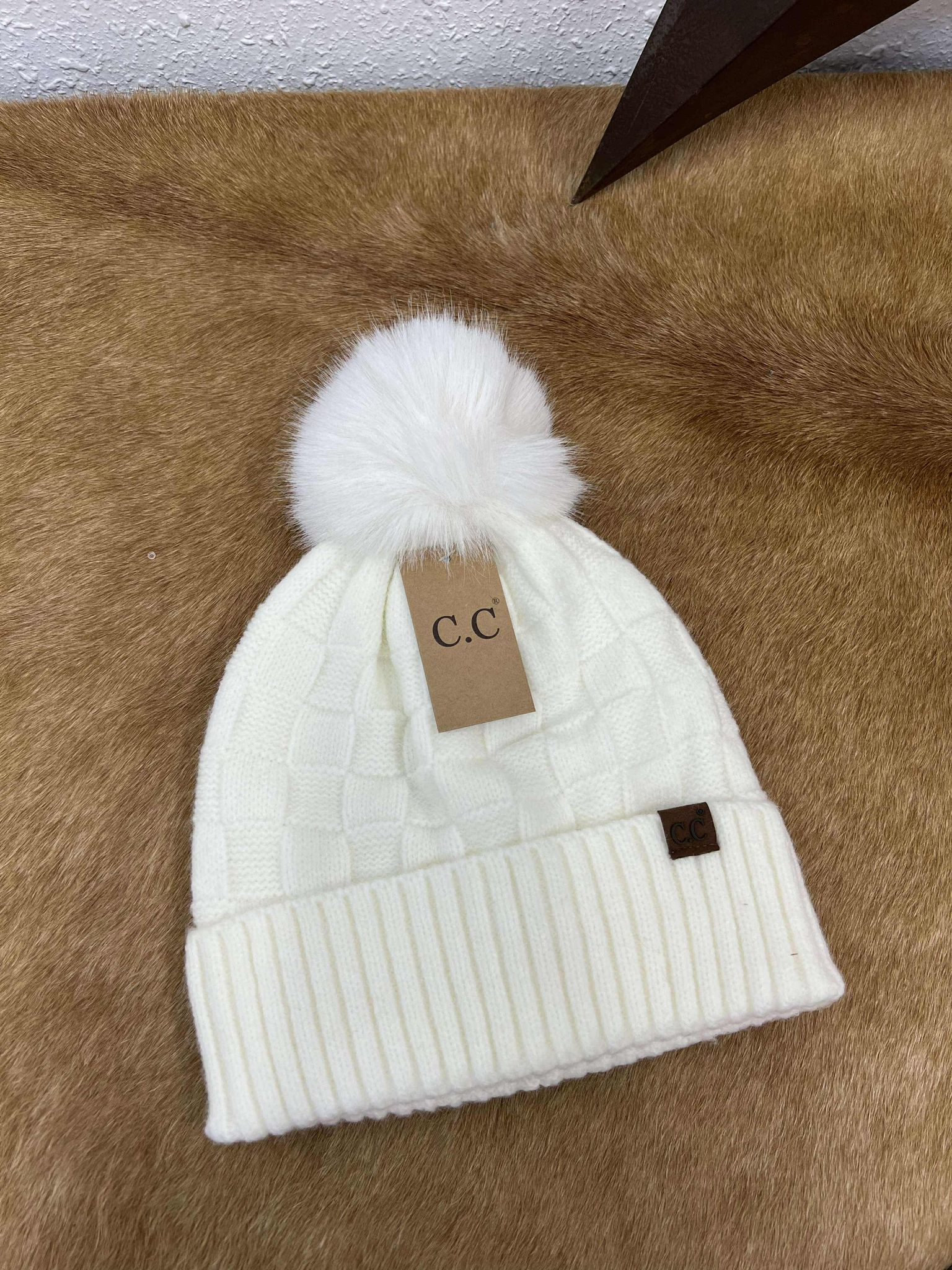 C.C Woven Checkered Texture Pom Beanie-Beanie/Gloves-C.C Beanies-Lucky J Boots & More, Women's, Men's, & Kids Western Store Located in Carthage, MO