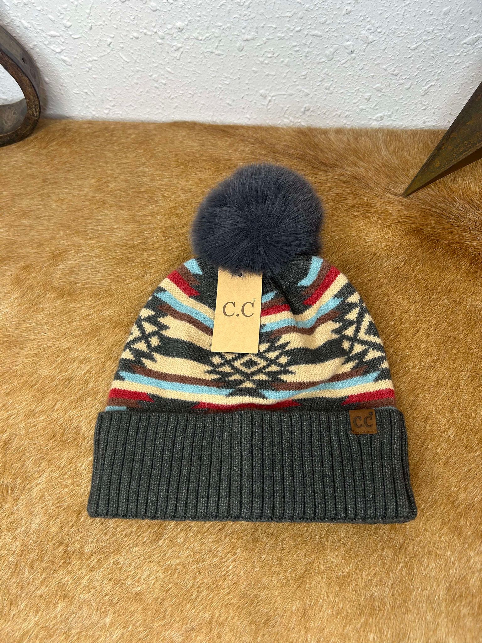 C.C Aztec Pom Beanie-Beanie/Gloves-C.C Beanies-Lucky J Boots & More, Women's, Men's, & Kids Western Store Located in Carthage, MO