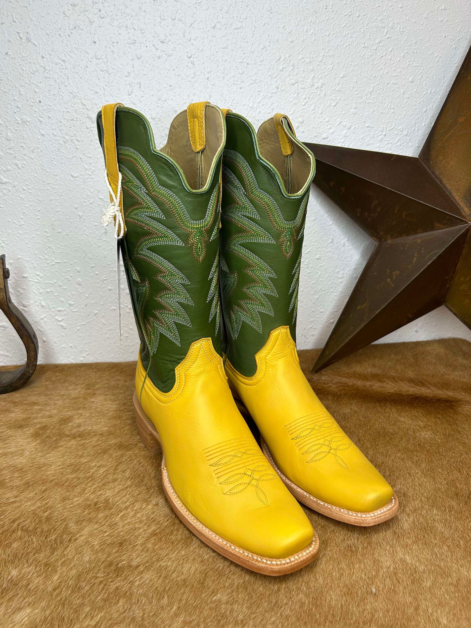 Men's R Watson Buttercup Deer & Green Sinatra Cowhide Boots-Men's Boots-R. Watson-Lucky J Boots & More, Women's, Men's, & Kids Western Store Located in Carthage, MO