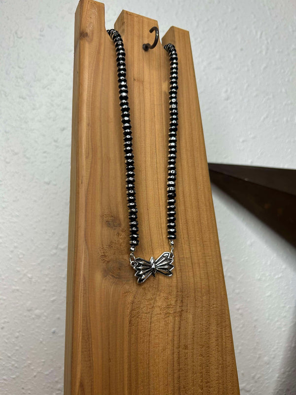 West & CO N1494 Black & Silver Beaded w/ Bowtie Concho Necklace-Necklaces-WEST & CO-Lucky J Boots & More, Women's, Men's, & Kids Western Store Located in Carthage, MO