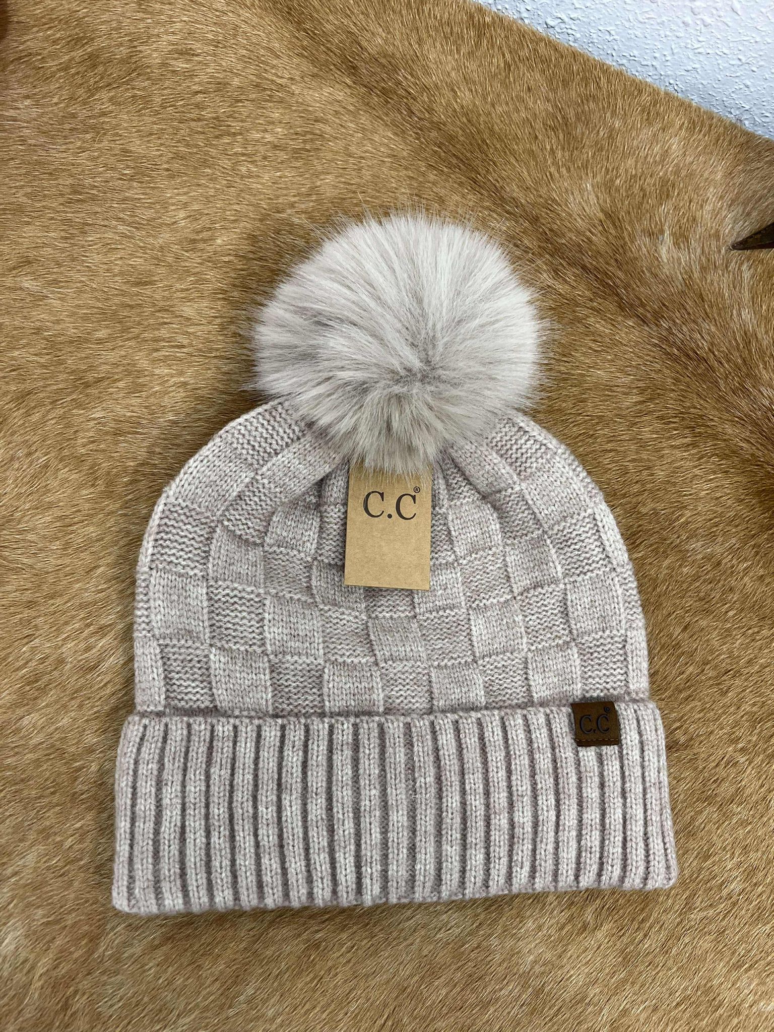 C.C Woven Checkered Texture Pom Beanie-Beanie/Gloves-C.C Beanies-Lucky J Boots & More, Women's, Men's, & Kids Western Store Located in Carthage, MO