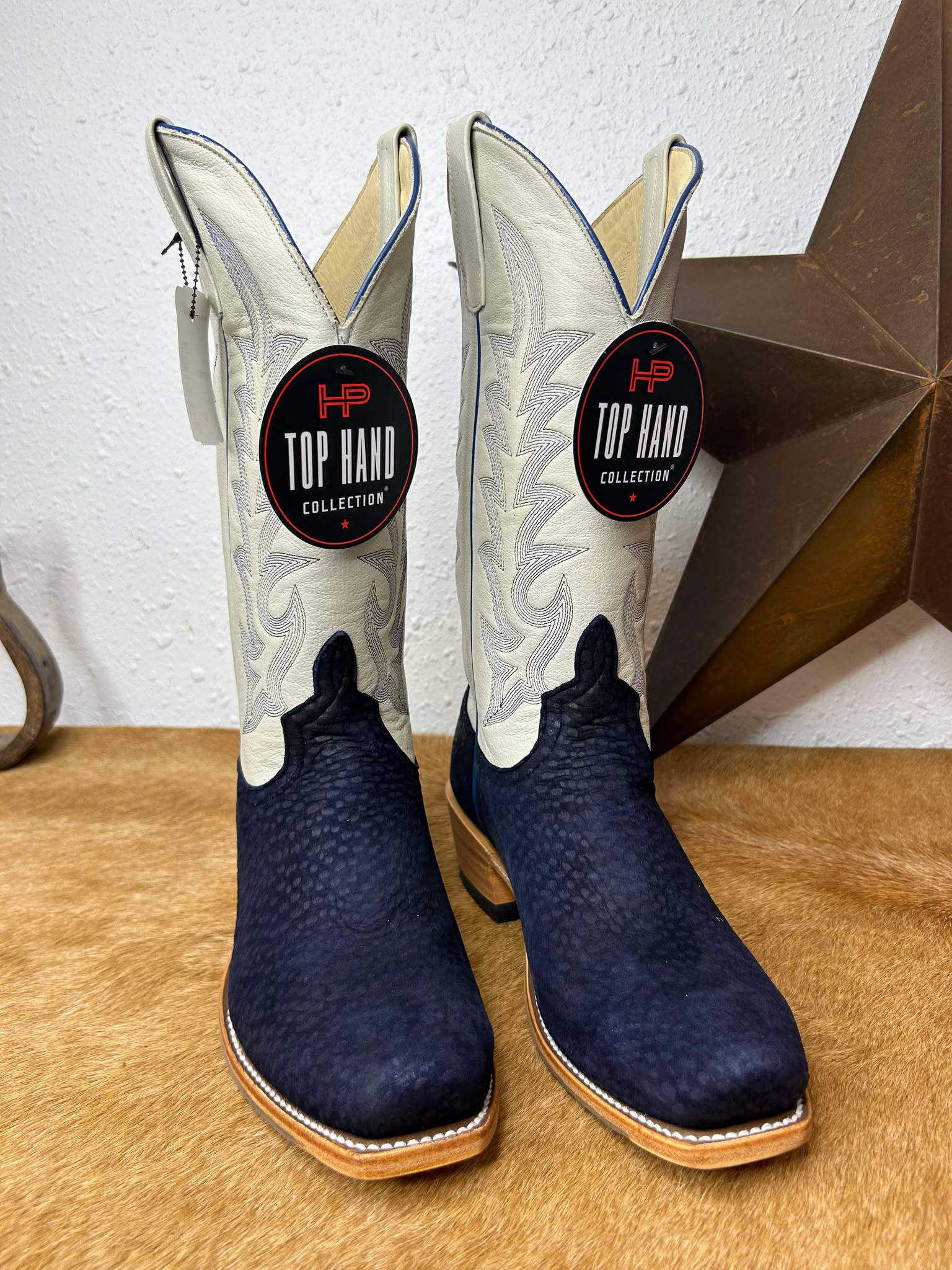 Men's Horse Power Navy Carpincho & Mercedes Cream Boots-Men's Boots-Horse Power-Lucky J Boots & More, Women's, Men's, & Kids Western Store Located in Carthage, MO