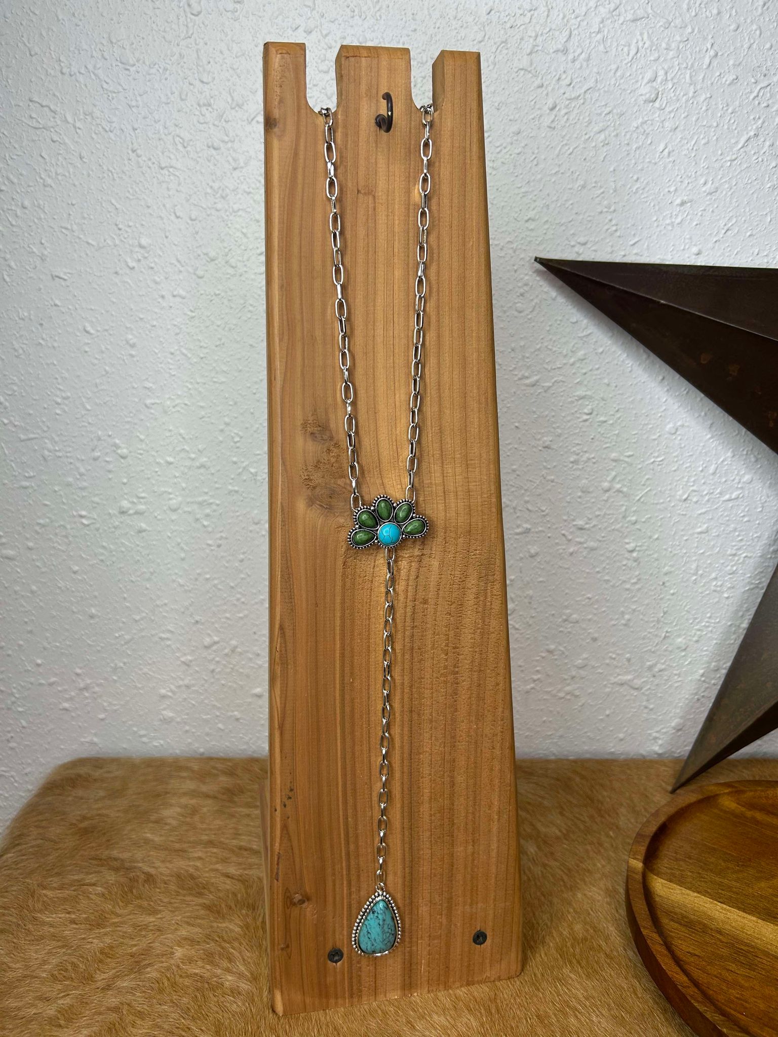 N1498GRN Lariat Necklace-Necklaces-WEST & CO-Lucky J Boots & More, Women's, Men's, & Kids Western Store Located in Carthage, MO