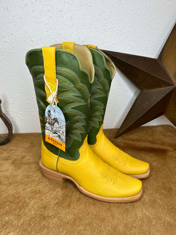 Men's R Watson Buttercup Deer & Green Sinatra Cowhide Boots-Men's Boots-R. Watson-Lucky J Boots & More, Women's, Men's, & Kids Western Store Located in Carthage, MO