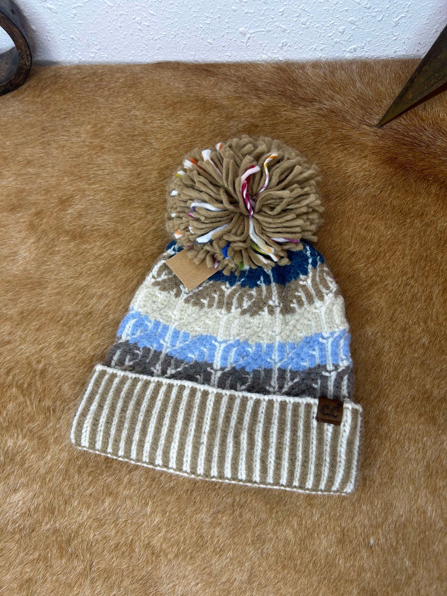 C.C Cable Color Block Pom Beanie-Beanie/Gloves-C.C Beanies-Lucky J Boots & More, Women's, Men's, & Kids Western Store Located in Carthage, MO