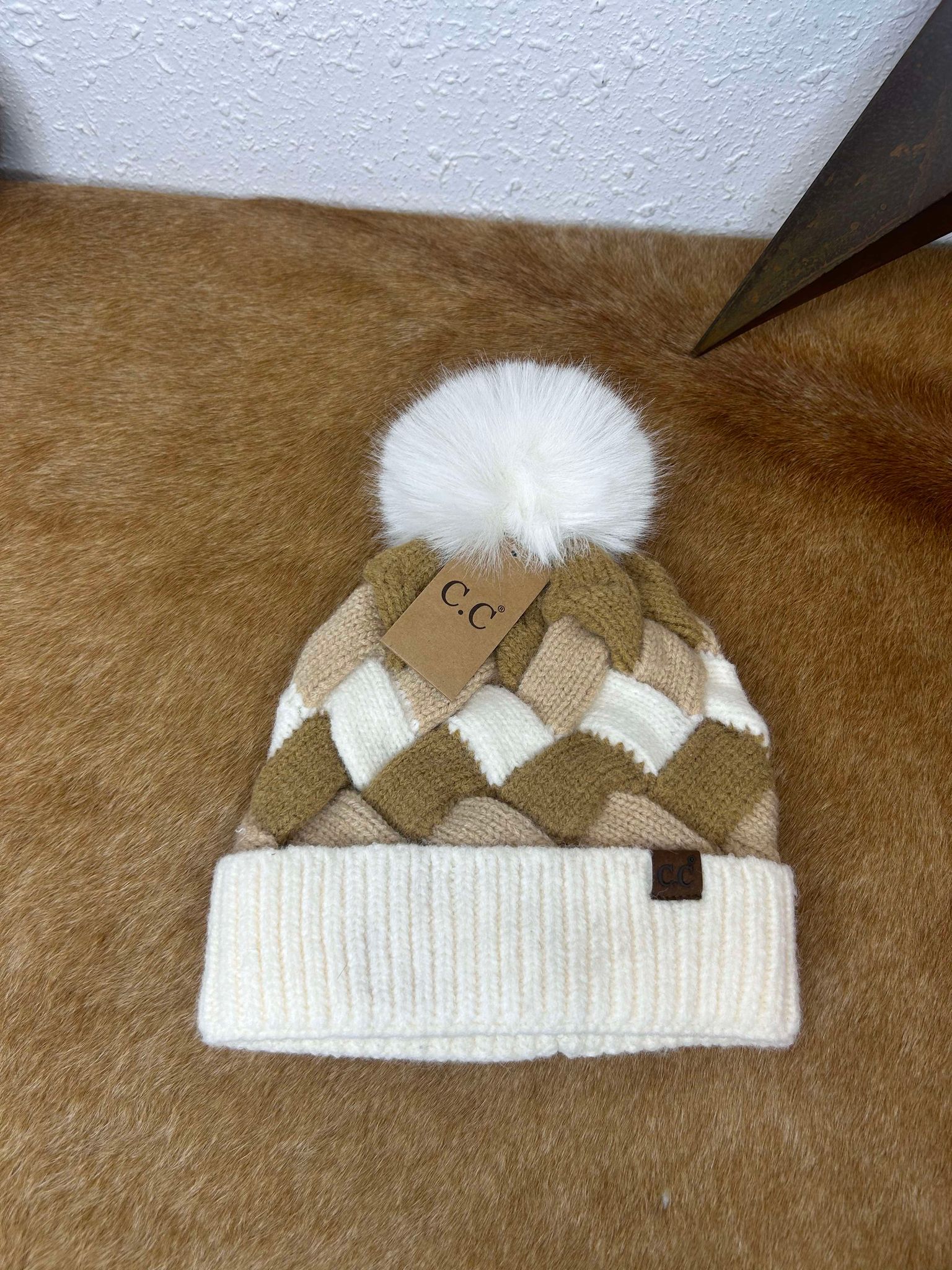 C.C Chunky Weaved Faux Fur Pom Beanie-Beanie/Gloves-C.C Beanies-Lucky J Boots & More, Women's, Men's, & Kids Western Store Located in Carthage, MO