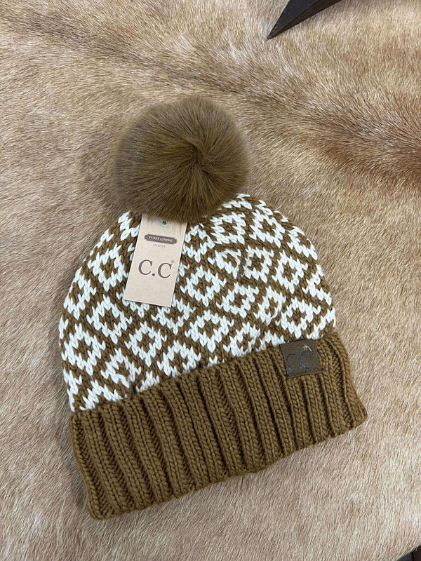 C.C Diamond Pattern Faux Fur Pom Beanie-Beanie/Gloves-C.C Beanies-Lucky J Boots & More, Women's, Men's, & Kids Western Store Located in Carthage, MO