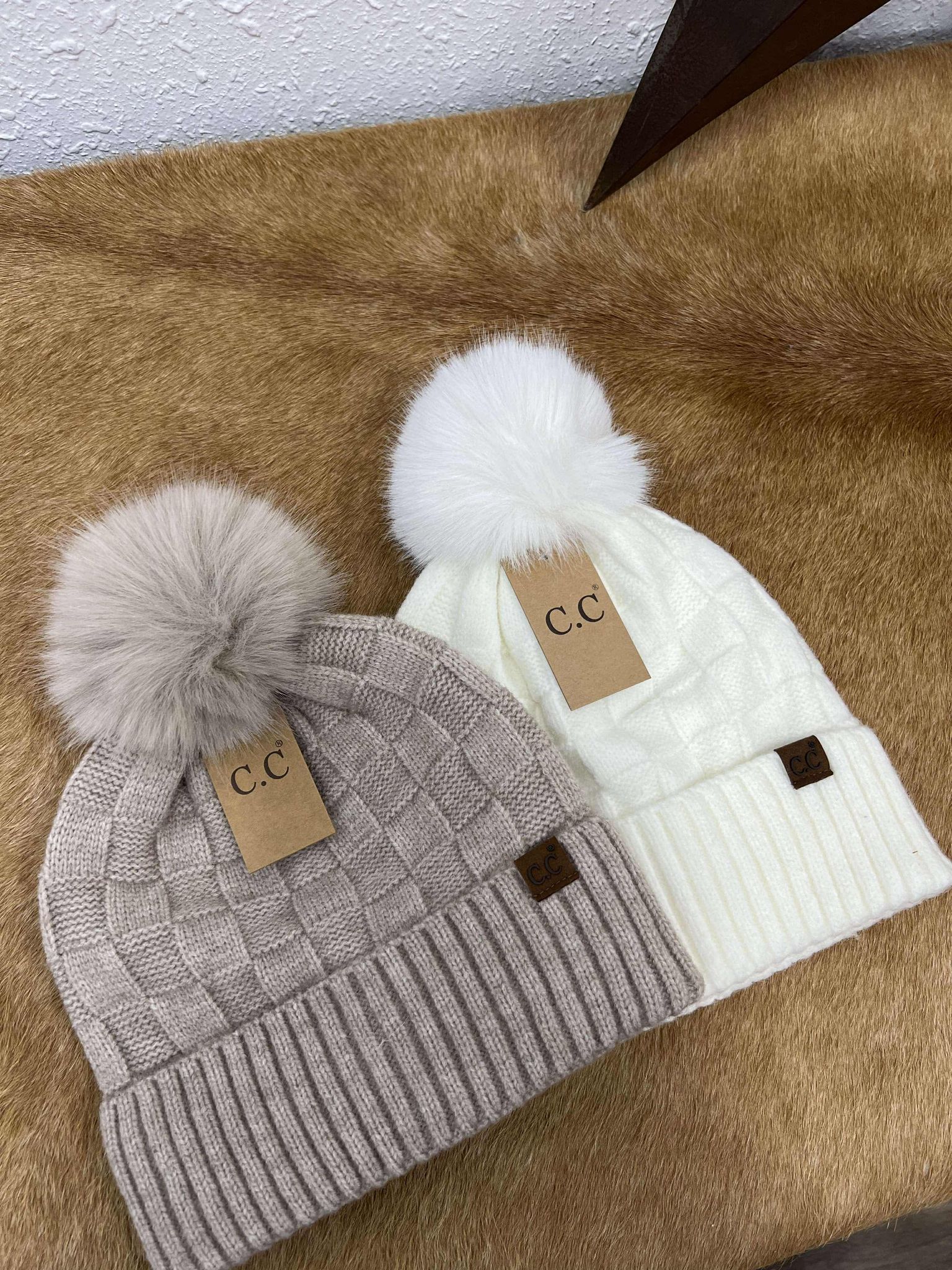 C.C Woven Checkered Texture Pom Beanie-Beanie/Gloves-C.C Beanies-Lucky J Boots & More, Women's, Men's, & Kids Western Store Located in Carthage, MO