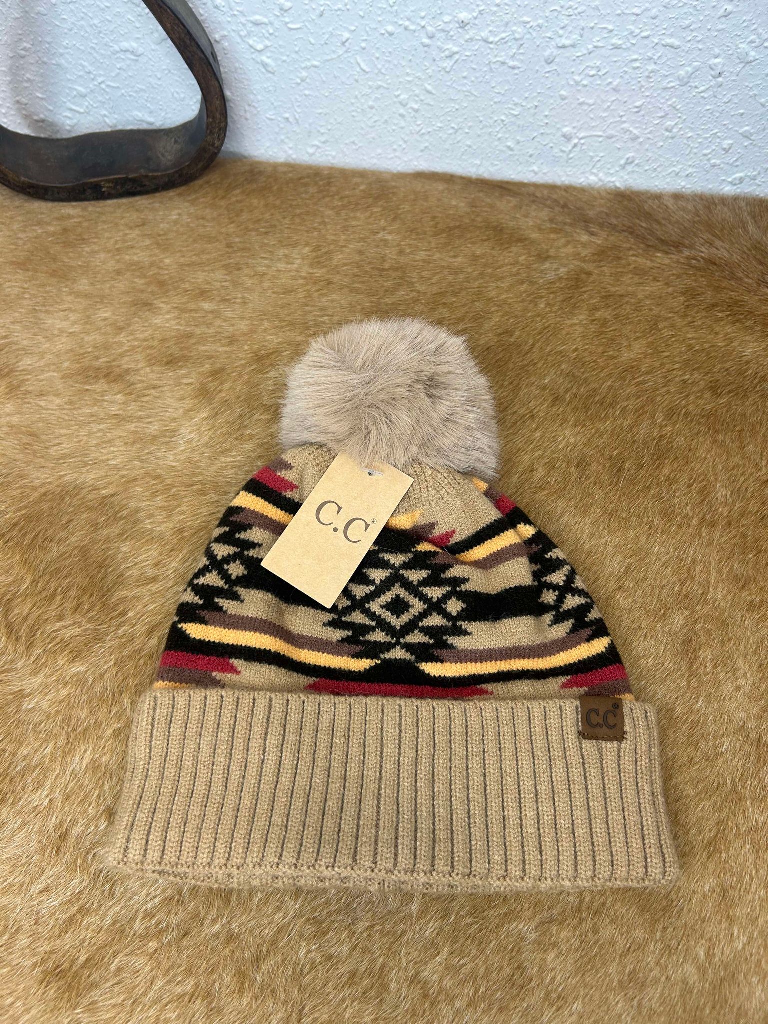 C.C Aztec Pom Beanie-Beanie/Gloves-C.C Beanies-Lucky J Boots & More, Women's, Men's, & Kids Western Store Located in Carthage, MO