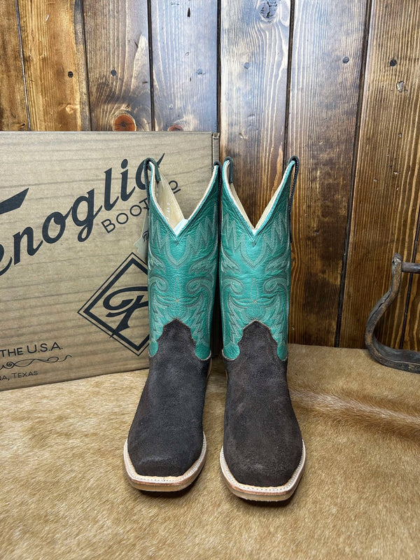 Men's Fenoglio Chocolate Fuji Roughout & Sierra Turquoise Boots-Men's Boots-Fenoglio Boots-Lucky J Boots & More, Women's, Men's, & Kids Western Store Located in Carthage, MO