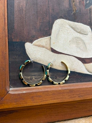Turquoise hoop earrings, brass jewelry, boho western accessories, blue stone hoops, lightweight everyday earrings, Southwest style jewelry, Emily earrings.