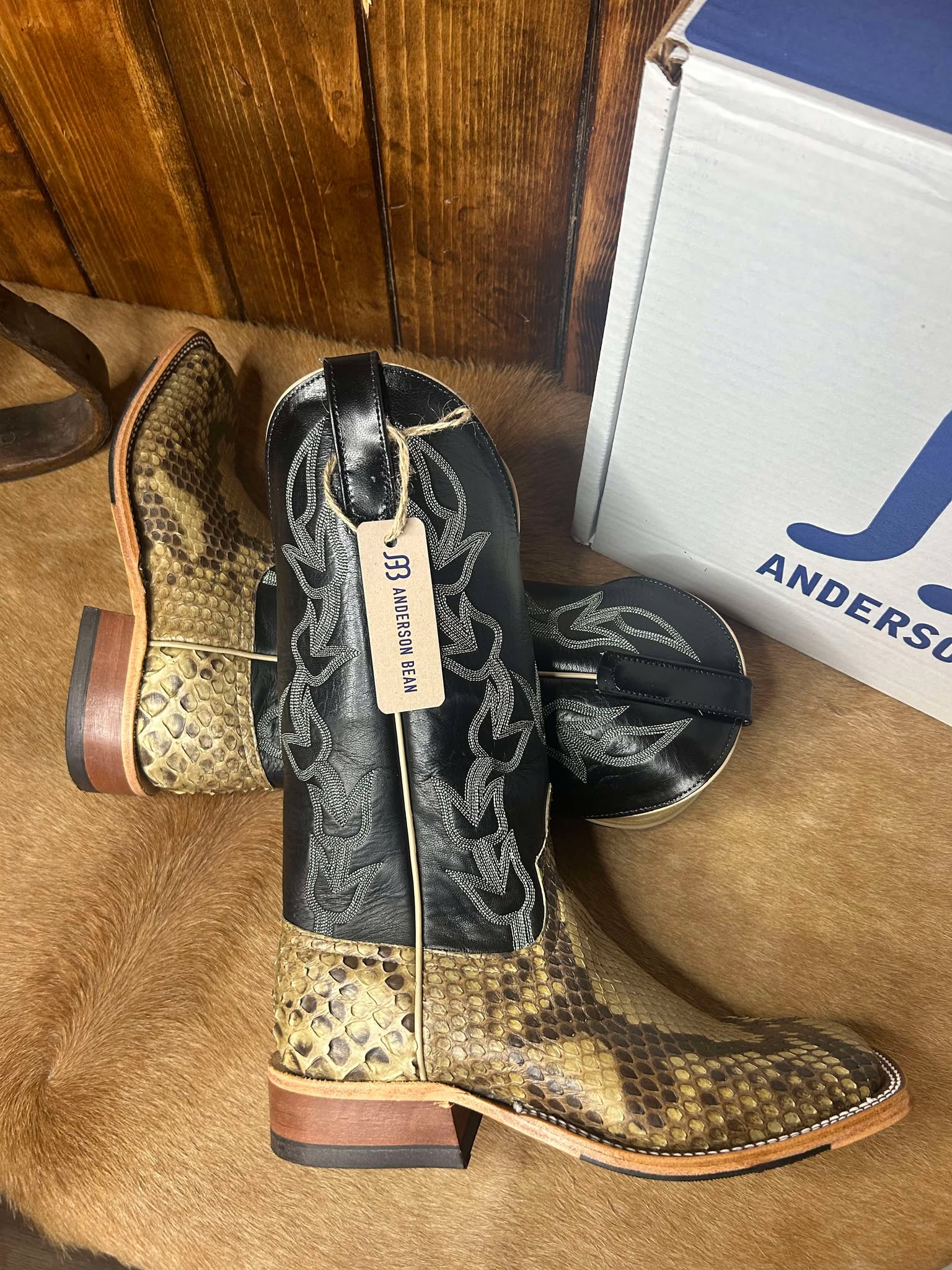 Men's Anderson Bean Natural Matte Giant Python & Black Kidskin Boots-Men's Boots-Anderson Bean-Lucky J Boots & More, Women's, Men's, & Kids Western Store Located in Carthage, MO