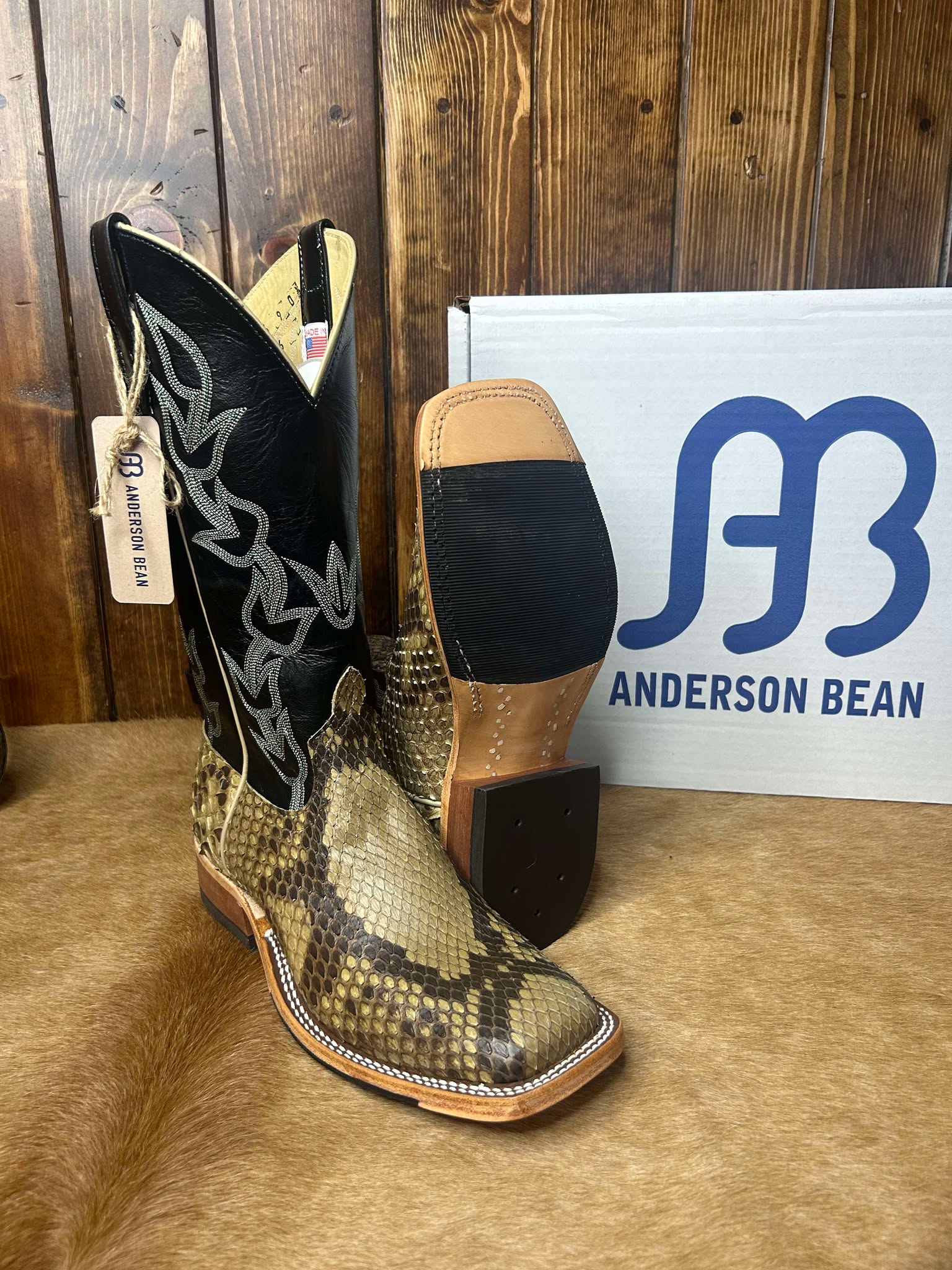 Men's Anderson Bean Natural Matte Giant Python & Black Kidskin Boots-Men's Boots-Anderson Bean-Lucky J Boots & More, Women's, Men's, & Kids Western Store Located in Carthage, MO