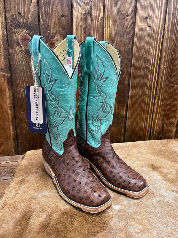 Women's Anderson Bean Cafe Americano Full Quill Ostrich & Green Super Oil Boots-Women's Boots-Anderson Bean-Lucky J Boots & More, Women's, Men's, & Kids Western Store Located in Carthage, MO