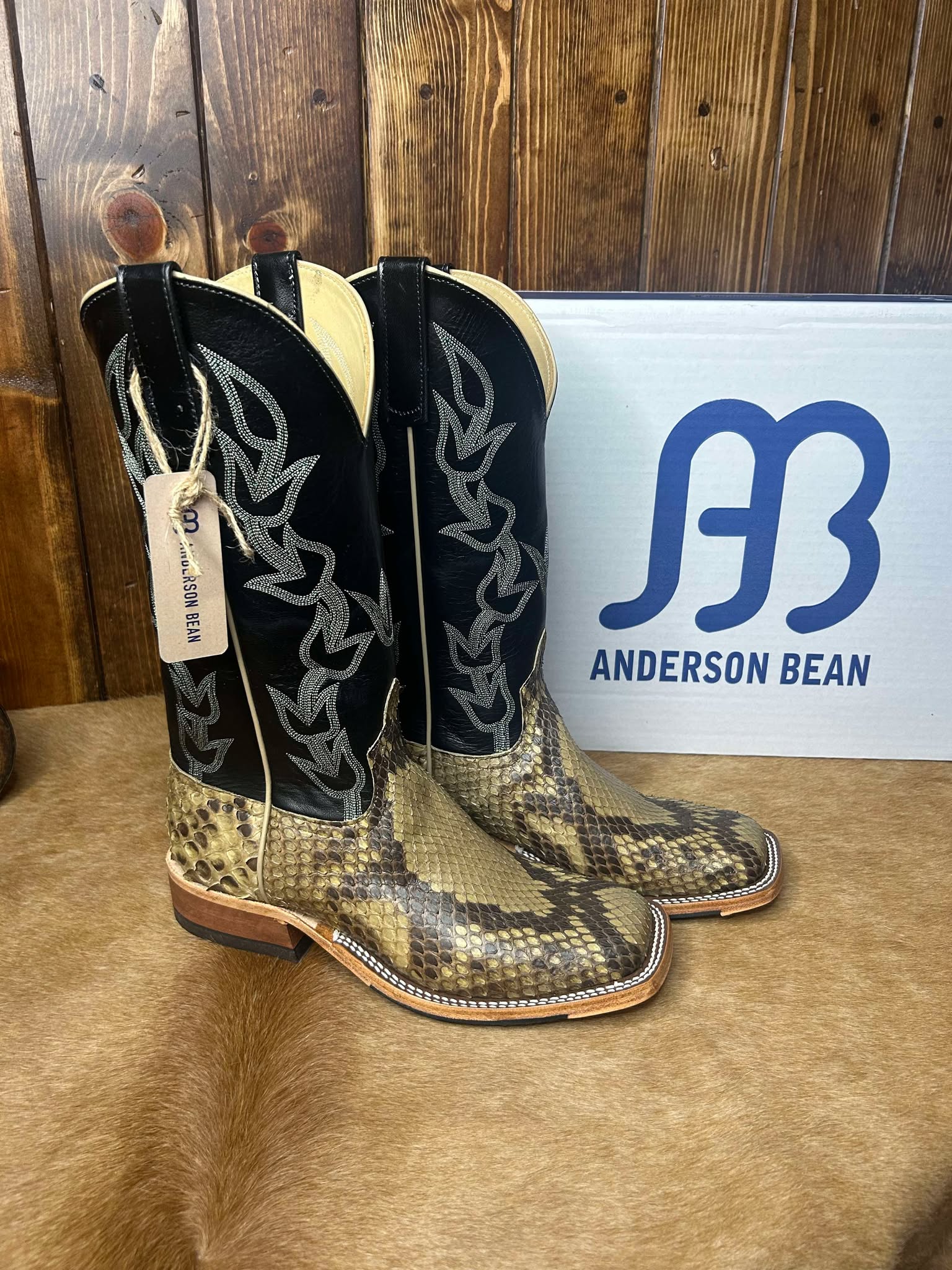 Men's Anderson Bean Natural Matte Giant Python & Black Kidskin Boots-Men's Boots-Anderson Bean-Lucky J Boots & More, Women's, Men's, & Kids Western Store Located in Carthage, MO