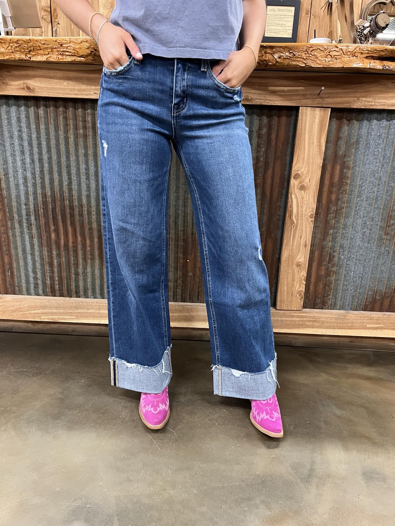 Flying Monkey Drew High Rise Baggy Wide Cuffed Jeans-Women's Denim-Flying Monkey-Lucky J Boots & More, Women's, Men's, & Kids Western Store Located in Carthage, MO