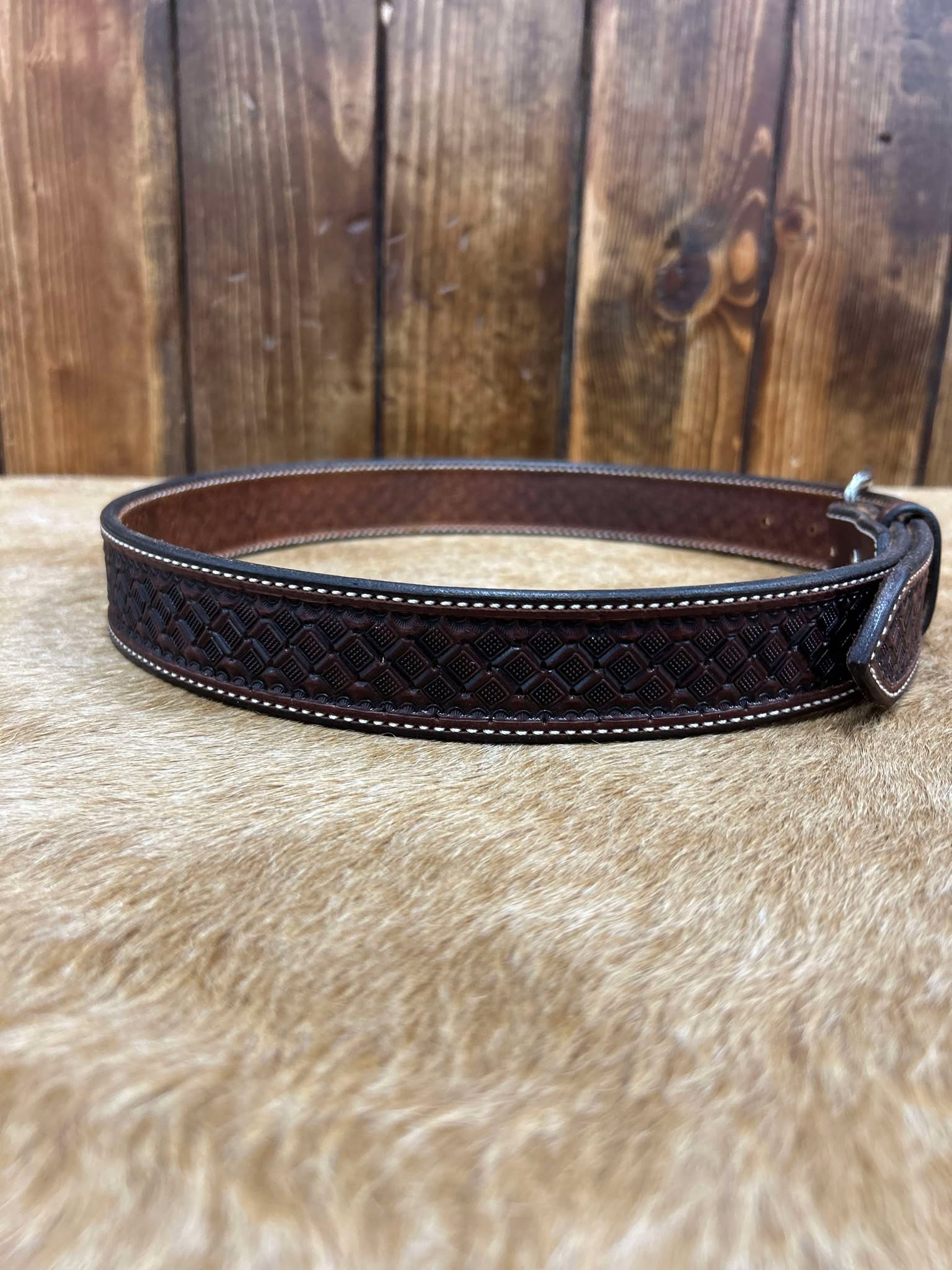 Texas Saddlery Waffle Tooled Belt-Belts-Texas Saddlery-Lucky J Boots & More, Women's, Men's, & Kids Western Store Located in Carthage, MO