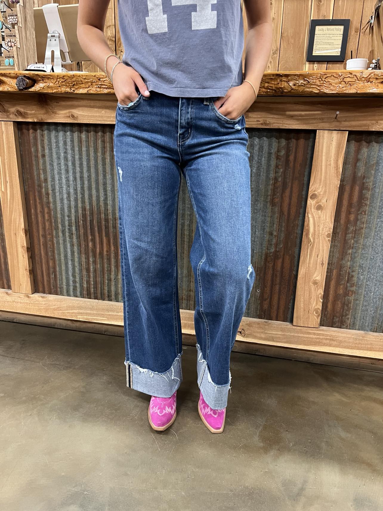 Flying Monkey Drew High Rise Baggy Wide Cuffed Jeans-Women's Denim-Flying Monkey-Lucky J Boots & More, Women's, Men's, & Kids Western Store Located in Carthage, MO