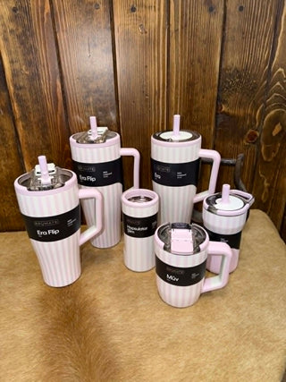 BruMate Strawberries & Cream, pink striped tumbler, insulated cup collection, BruMate Era, leak-proof tumbler, pink coffee mug, stylish hydration, Hopsulator Slim pink